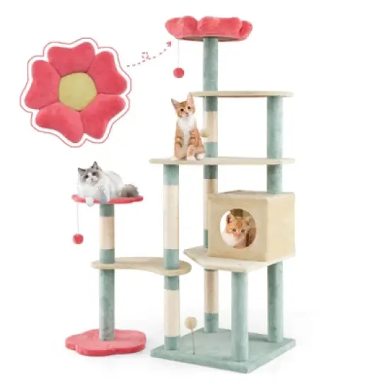 Costway 61&rdquo; Tall Cat Tree Multi-Level Aesthetic Floral Kitten Tower Indoor Cat Climbing Stand Activity Center image {10}