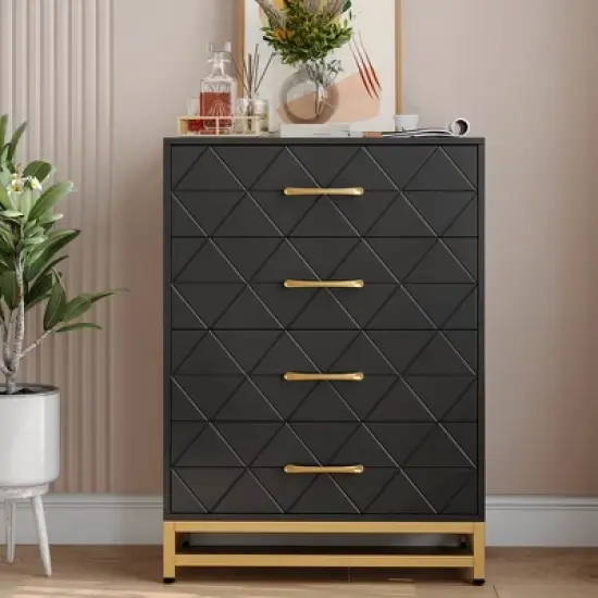 Dresser for Bedroom with 4 Drawer, Modern Dressers Chest of Drawers, with Wide Drawers and Metal Handles, Wood Dressers, Black image {1}