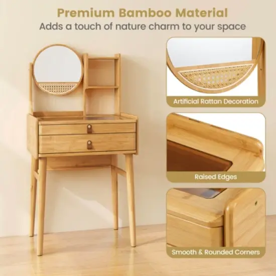 Costway 23.5" Compact Makeup Table with 2 Drawers Open Storage Shelves and Glass Top image {7}