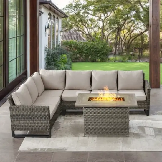 POCASSY All Weather Gray Wicker Outdoor Sectional Sofa with Fire Pit Table, 4PCS Patio Furniture Set with 41" Propane Firepit Table for Outside image {1}