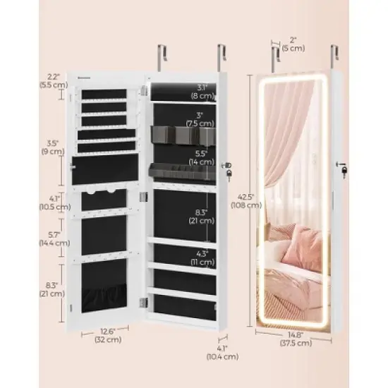 SONGMICS Mirror Jewelry Cabinet Armoire, Wall or Door Mounted Jewelry Storage Organizer, Hanging Lockable Frameless Mirror Cabinet, White image {5}