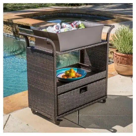 Ravenna Wicker Patio Bar Cart with Ice Bin - Brown - Christopher Knight Home image {1}