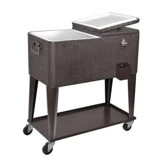 Home Aesthetics Outdoor Patio Rolling Cooler Cart 80 Qt Wicker Ice Chest Beverage Brown Rattan image {7}