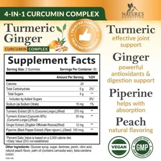 Turmeric Gummies with Black Pepper & Ginger for Best Absorption, 95% Curcuminoids Tumeric Curcumin - 120 Gummies By Nature's Nutrition image {1}