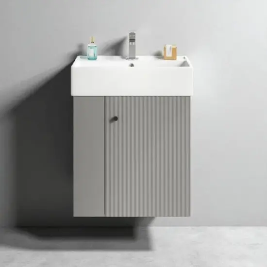 21.6'' Wall-Mounted Bathroom Vanity with Ceramic Sink, Left Side Open Storage, Wave Pattern Door, Soft-Close, Floating Cabinet image {14}