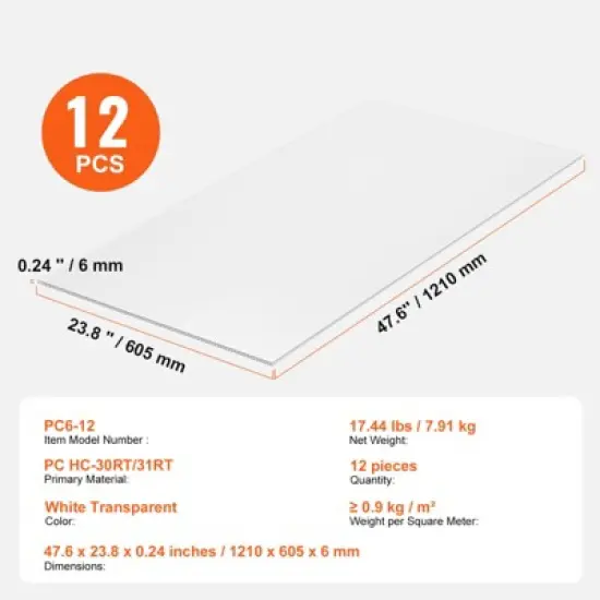 VEVOR 12 Pack Polycarbonate Greenhouse Panels, 2' X 4' X 0.24'' Roof Panels Sheets, Waterproof UV Protected Corrugated Plastic Roofing image {7}