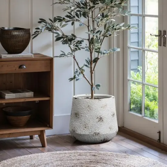 LuxenHome Rustic Planter &ndash; Off-White Round MgO Pot with Brown Accents & Plug image {3}