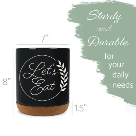 Elanze Designs Let's Eat Laurel Wheat Ceramic Cork Bottom Black Large Capacity Utensil Holder Crock for Countertop Storage, Stylish & Durable for image {1}