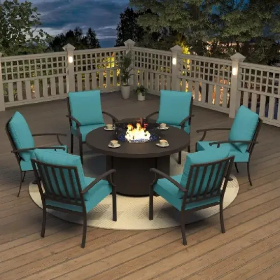 ALAULM 7 Piece Metal Outdoor Patio Furniture Set with 48" Round Fire Pit Table image {1}