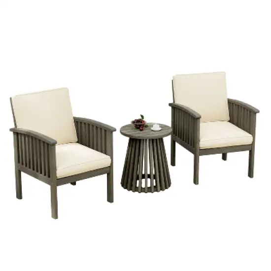 FIONECA Patio Acacia Wood Outdoor Furniture Set &uml;C 2 Club Chairs with Cream Cushions & Foldable End Table, Garden Patio Deck (Grey Finish) image {7}