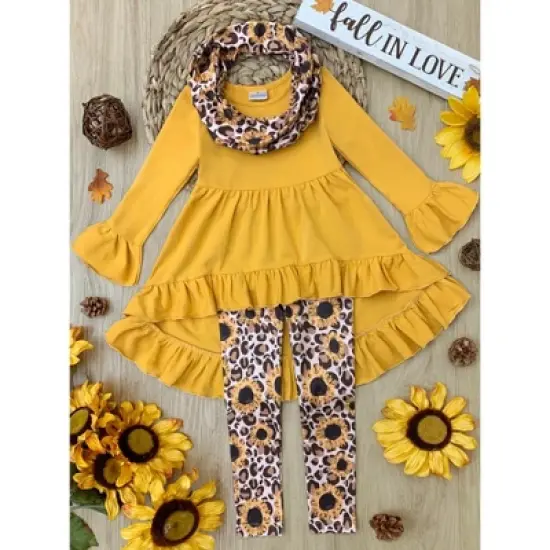 Girls Sunflower Leopard Print Tunic, Legging & Scarf Set - Mia Belle Girls image {3}