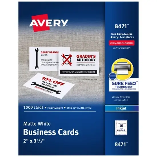 Avery 2" x 3.5" Business Cards, Sure Feed Technology, Inkjet, 1,000 Cards (8471) image {8}