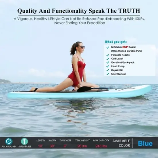 Ancheer iSUP Inflatable Stand Up Paddle Board with Carry Bag, Floating Paddle, Coil Leash, and Repair Kit with 265 Pound Capacity, Lake Blue image {2}