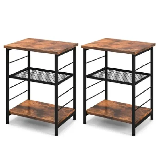 Costway 2 PCS 3-Tier Side End Table with Adjustable Mesh Shelf Narrow Nightstand image {9}