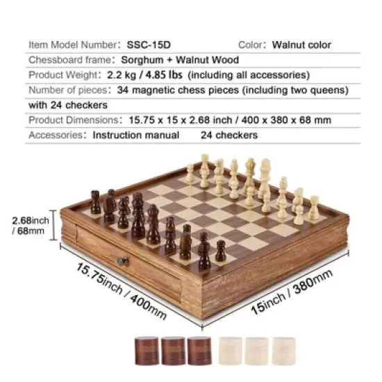 VEVOR Solid Wood Chess Set, 15 inch  2-IN-1 Chess Checkers Game Set, Chess Board Games with Storage Drawer & Weighted Chess Checkers Pieces image {7}