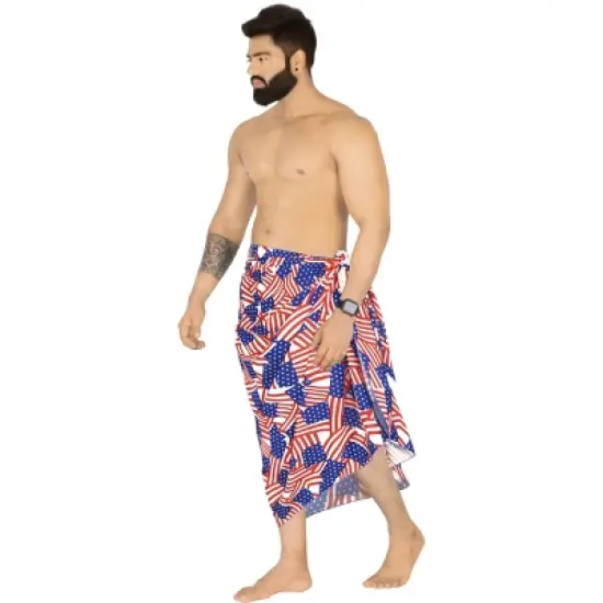 LA LEELA Men's Patriotic 4th of July American Flag Summer Sarong Swim Trunk Long Beach Pareo Wrap One Size Cherry Allover US Flag image {2}