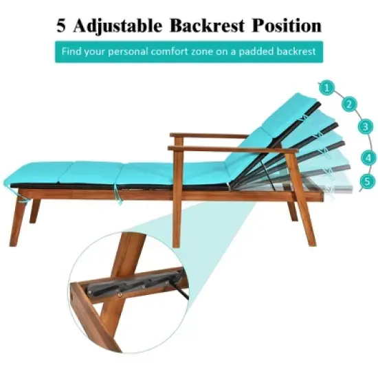 Costway 3PCS Patio Rattan Lounge Chair Folding Table Set Chaise Wood Cushioned White\Turquoise image {6}