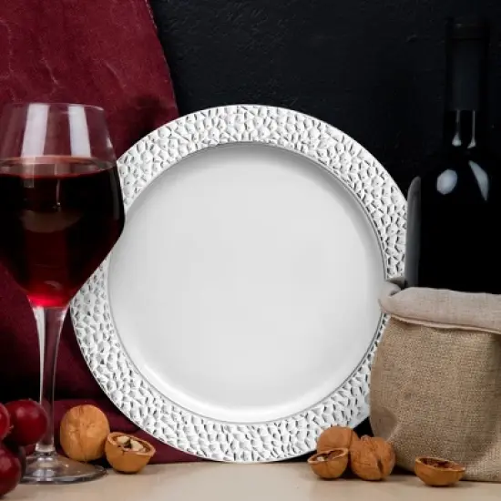 Smarty Had A Party 7.5" White w/ Silver Hammered Rim Plastic Salad Plates - 120 pcs image {8}