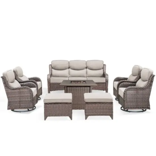 Buenhomino Patio Furniture Set with Fire Pit, Outdoor Wicker Furniture, 8 Pieces Deep Seat Rattan Conversation Sofa Sets with 6-inch Thicked Cushions image {1}