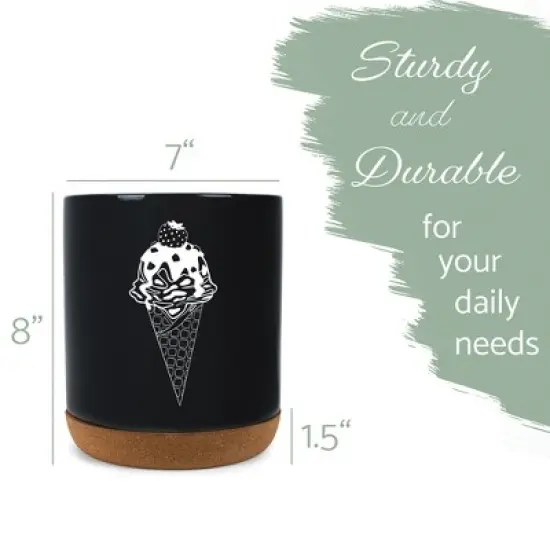 Elanze Designs 8 inch Ice Cream Waffle Cone Large Ceramic Kitchen Utensil Holder Black and White Crock with Cork Base image {1}