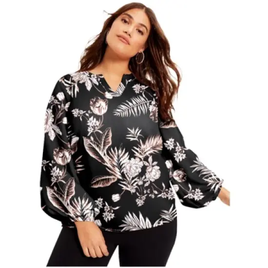 June + Vie by Roaman's Women&rsquo;s Plus Size Split-Neck Blouson-Sleeve Top image {4}