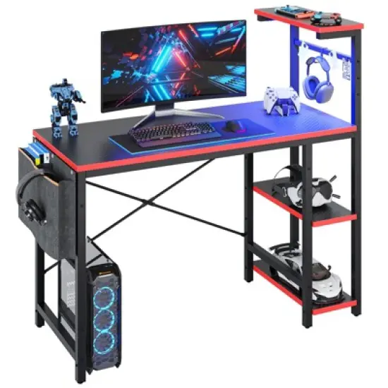 Bestier 44&rdquo; Gaming Desk with LED Lights, PC Gamer Desk with 4 Tier Adjustable  Shelves & Storage Bag, Computer Office Desk for Small Spaces image {11}