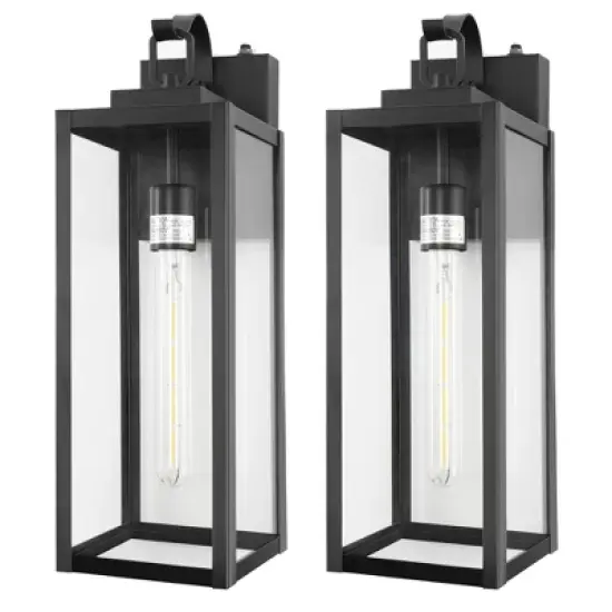 DORESshop 18 in. 2-Pack Large Black Dusk to Dawn Outdoor Waterproof Lantern Wall Lights with Clear Glass Shade T30 Bulbs Included image {10}