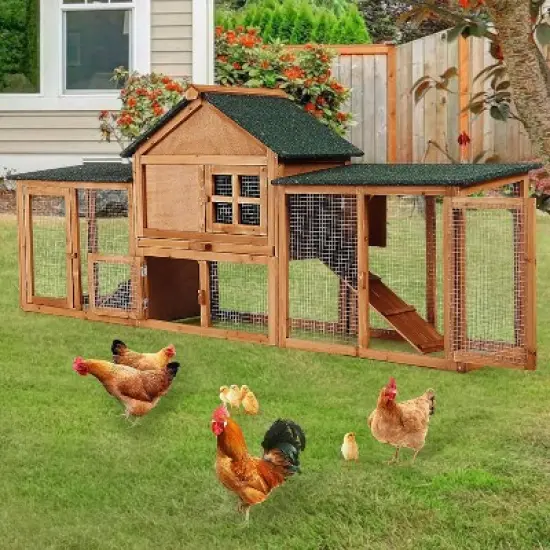 Acekool Chicken Coop with Run, 2-Tier Yellow Wooden Hen House, Large Waterproof Outdoor Poultry Cage, Double Doors, Removable Tray, 82.7'' image {7}