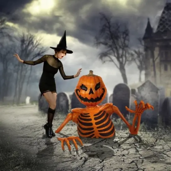BOO BOX 48" Groundbreaking Pumpkin Skeleton, Orange - Creepy Outdoor Halloween Decorations for Yard image {1}