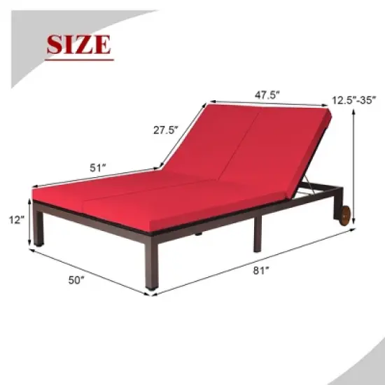 Costway 2-Person Patio Rattan Lounge chair Chaise Recliner Adjustable Cushioned Red image {2}