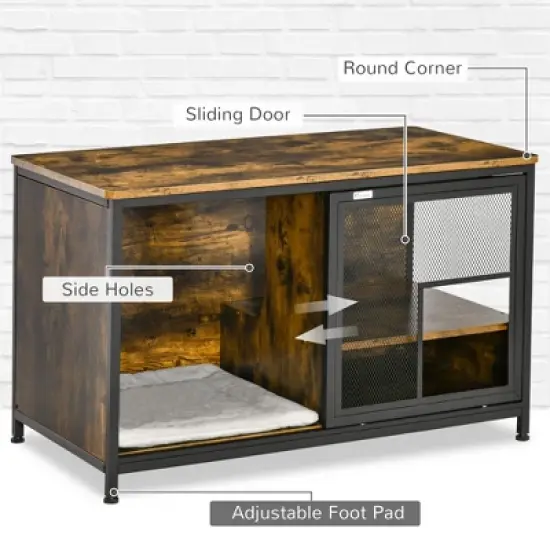 Gulches Cat Kennel, Furniture Style Dog Cage, Wood & Steel End Table Pet House with Cushion and Sliding Doors, Rustic Brown image {2}