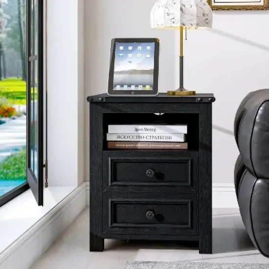 Vipbear Night Stand with Charging Station Rustic 18 Inch Bedside Table with 2 Storage Drawers and Open Shelf,Modern Wood End Table for Bedroom image {6}