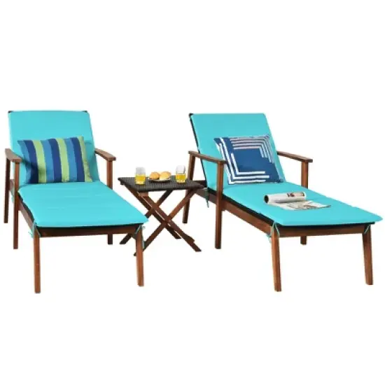 Costway 3PCS Patio Rattan Lounge Chair Folding Table Set Chaise Wood Cushioned White\Turquoise image {9}