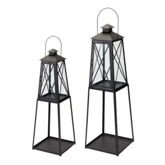 HomeRoots Set of Two Black Distressed Ornate Iron Tabletop Lantern Candle Holders image {3}