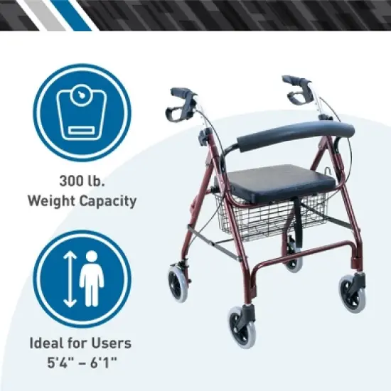 BodyMed Regular Aluminum Rollator, Medical Roller, PVC Soft Seat, Walking Aid, Elder Assistance, Four Wheels, Burgundy with Loop Brakes image {5}