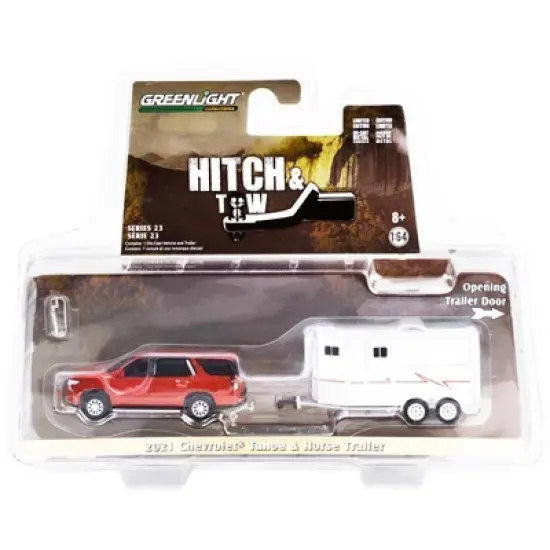 2021 Chevrolet Tahoe Cherry Red Pearl with White Horse Trailer "Hitch & Tow" Series 23 1/64 Diecast Model Car by Greenlight image {2}
