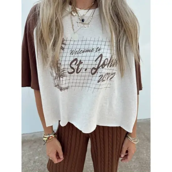 Women's Ascot + Hart Cropped St. John Elbow Sleeve Graphic T-Shirt - Brown image {5}
