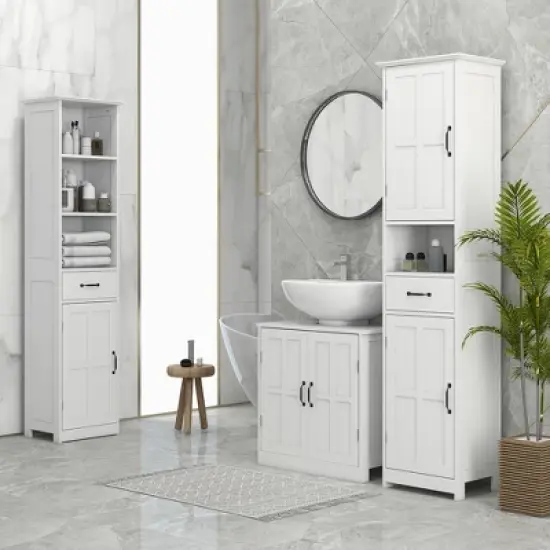 kleankin Pedestal Under-Sink Cabinet, Bathroom Storage Unit with Double Doors and Adjustable Shelf, White image {2}