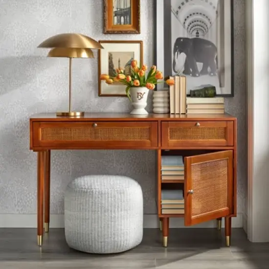 Allen Desk with Faux Rattan Front Accents Walnut - angelo:HOME image {2}