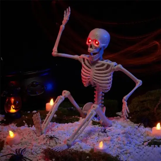 Joyfy 24'' Halloween Skeleton Decorations with LED Glowing Eyes Full Body Posable for Indoor/Outdoor Decor Spooky Scene Party Favors Graveyard Props image {6}