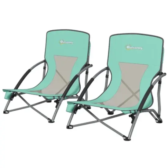 Outsunny Set of 2 Folding Beach Chair, Beach Chairs with Mesh Back, Carry Bag and Cup Holder for Outdoor Camping Lawn Sports Picnic, Turquoise image {3}
