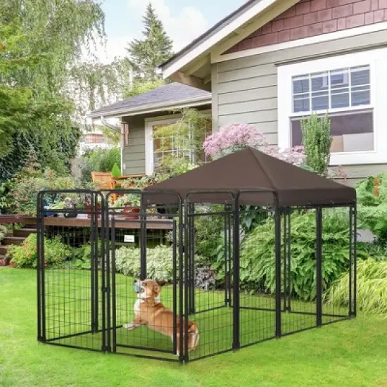 PawHut Dog Kennel Outdoor with Waterproof Canopy, Galvanized Chain Link, for Backyard and Patio, Large and Medium Sized Dog, 9.3' x 4.6' x 5.2' image {1}