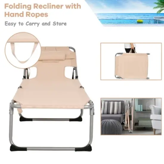 Tangkula Portable Beach Chaise Lounge Chair Folding Reclining Chair w/ Facing Hole Beige image {5}