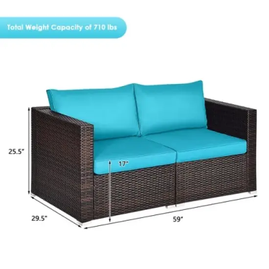 Tangkula 2PCS Rattan Corner Sofa Set Patio Outdoor Furniture Set w/ 4 Blue Cushions image {8}