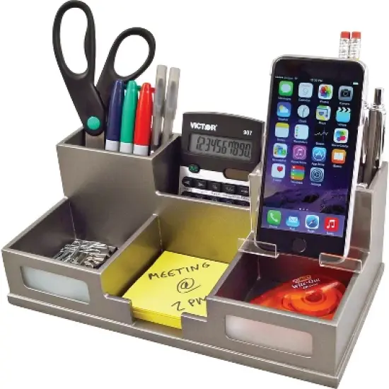 Victor Technology Wood Desk Organizer with Smart Phone Holder Classic Silver 5.5"" x 10.4"" x 3.5"" image {1}