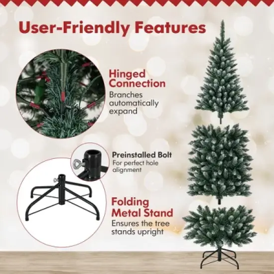 Costway 6FT/9FT Pre-Lit Christmas Tree Hinged Slim Pencil Xmas with 250/500 LED Lights image {7}