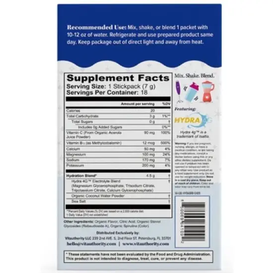 Hydration+ Electrolyte Powder Sticks, Supports Fluid Balance, Muscle Function & Natural Energy, Blue Raspberry Breeze Flavor, Vitauthority, 18ct image {1}