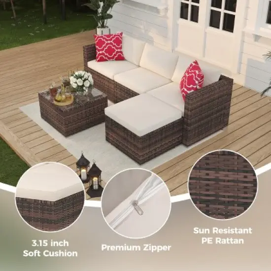5 Pieces Patio Furniture Set, Outdoor Glass Table and Cushions with Rattan Wicker Chairs, Porch, Balcony, Backyard, Garden image {4}