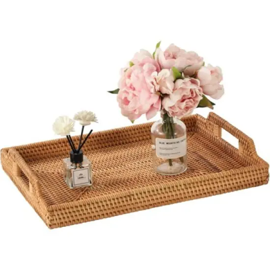 BRINJOY 17" Rectangular Woven Tray - Bohemian Handwoven Rattan Coffee Table Tray with Handles image {5}