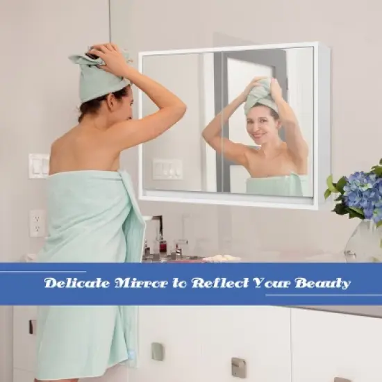 Costway Wall Mounted Bathroom Storage Cabinet Medicine Cabinet Organizer Shelf W/Double Mirror Door White image {6}